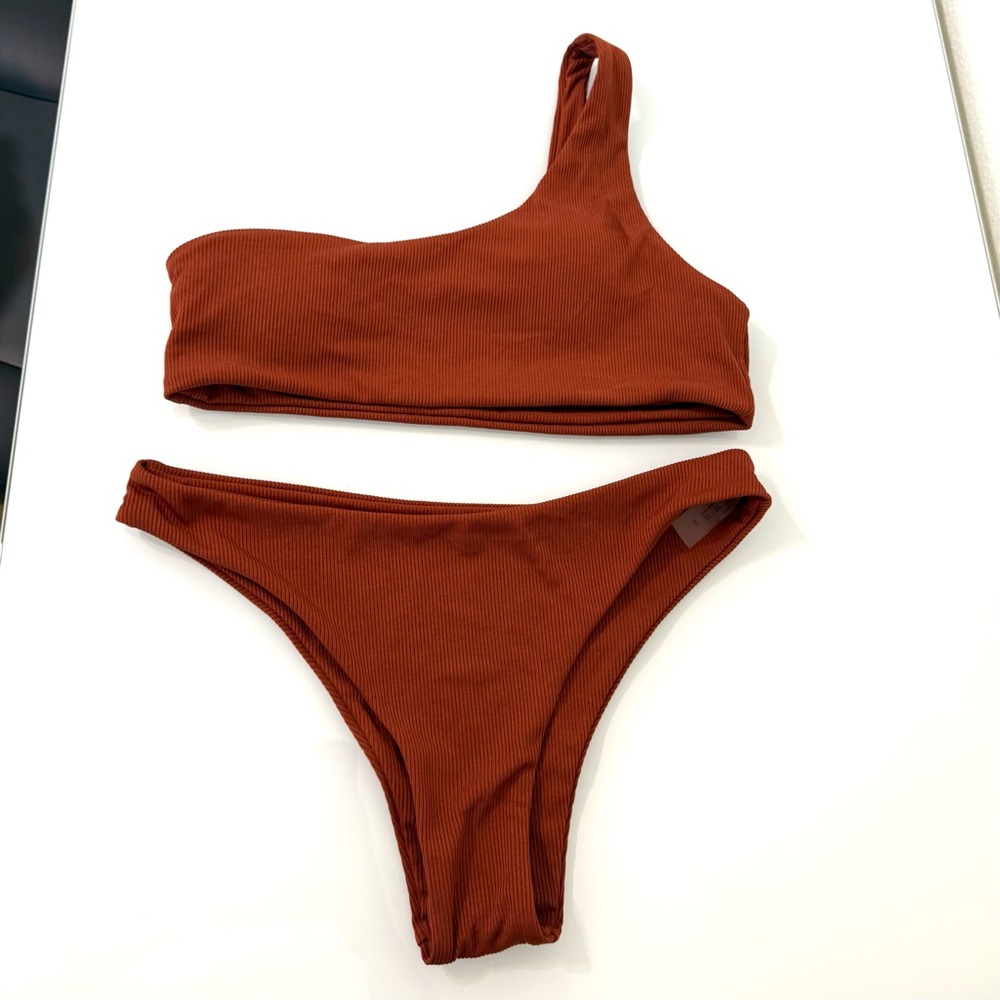 NWOT One-Shoulder, Ribbed, Rust Colored Bikini Set
